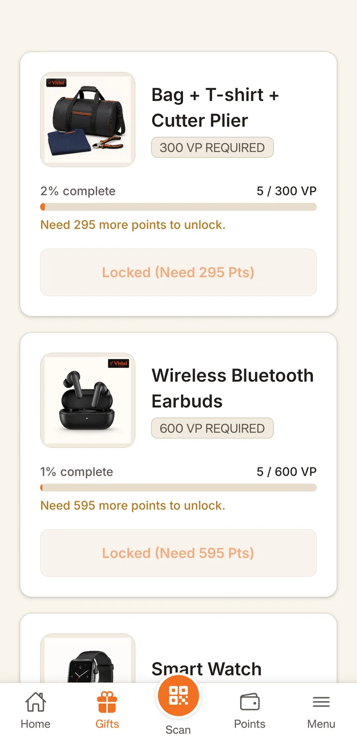 Gift catalogue in the Vishal Rewards app showing rewards and the Vishal Points needed to unlock each