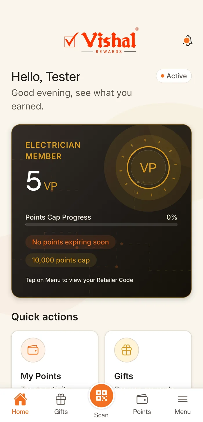Vishal Rewards app home screen showing the member's Vishal Points balance, points cap progress and quick actions