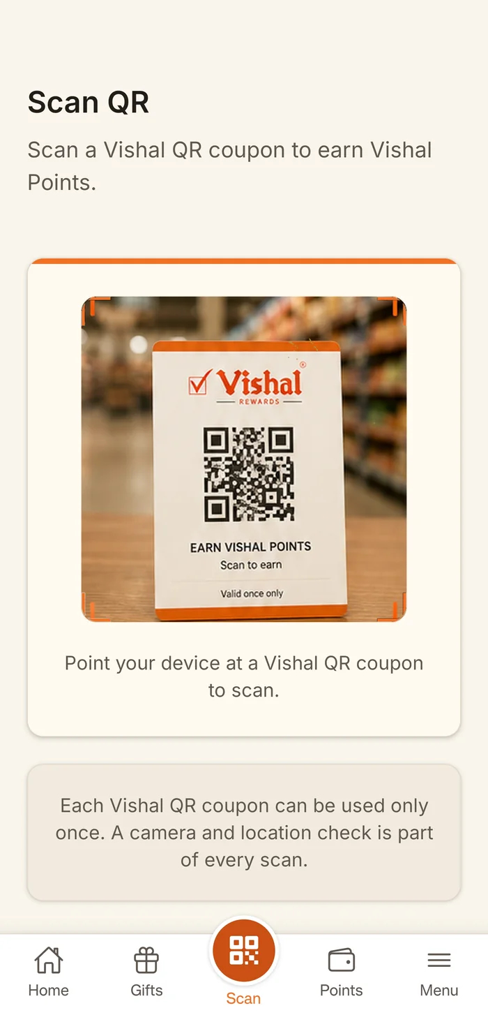 Scanning a Vishal QR coupon in the Vishal Rewards app